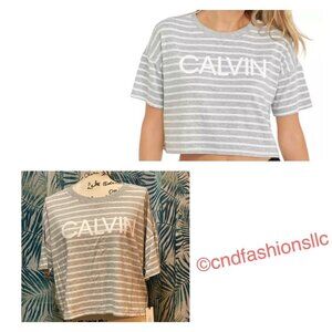 Calvin Klein Performance Women's Crop Top Size Large Short Sleeve Gray White